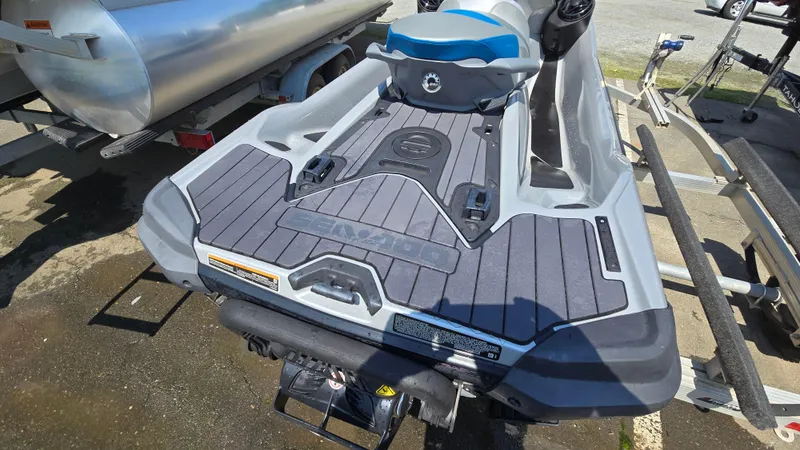 Slide: The Image of 2021 Sea-Doo GTX Limited 300 on trailer, rear view, showcasing deck and seating. - 5
