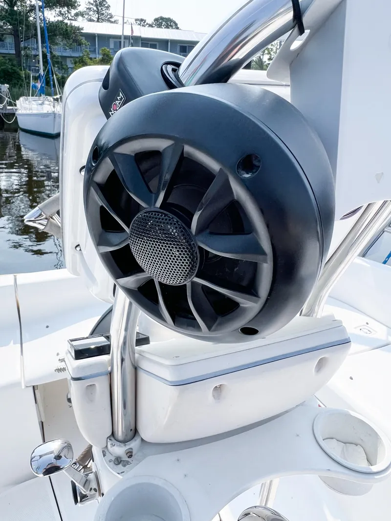 Slide: The Image of Close-up of a 2002 Hunter 356 boat speaker system on deck. - 8