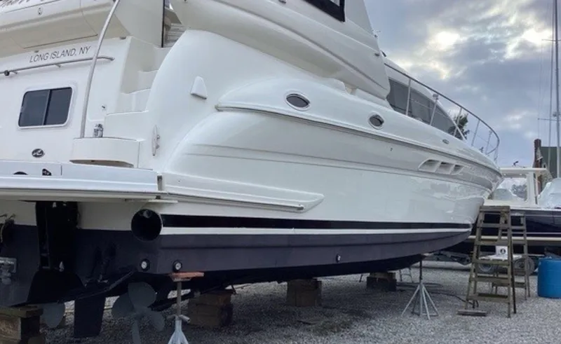 Slide: The Image of 2002 Sea Ray 480 Motor Yacht on dry dock, Long Island, NY, side view. - 33