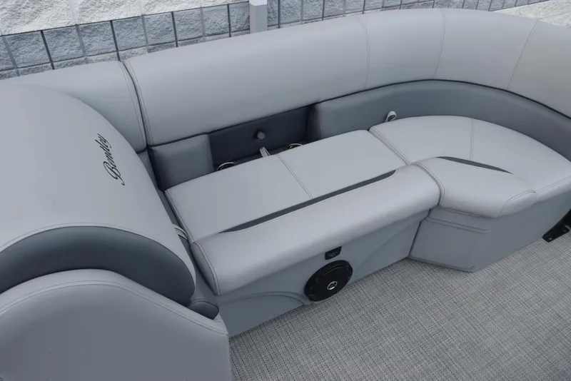 Slide: The Image of 2026 Bentley Pontoons Legacy 223 Swingback interior seating, featuring luxurious gray upholstery. - 12