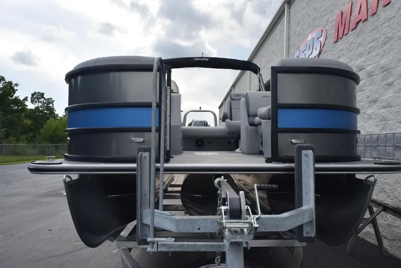 Slide: The Image of 2026 Bentley Pontoons Legacy 223 Swingback, gray and blue, parked outdoors. - 3