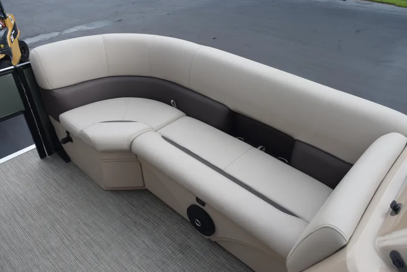 Slide: The Image of 2026 Bentley Pontoons Fish 243 Fish n' Cruise interior seating, beige and brown upholstery. - 10