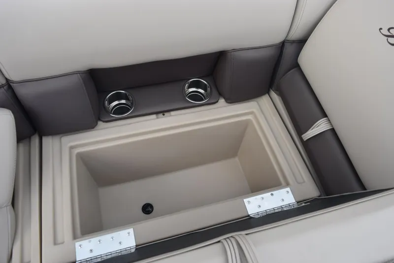 Slide: The Image of 2026 Bentley Pontoons Fish 243 Fish n' Cruise seating with integrated storage and cup holders. - 14