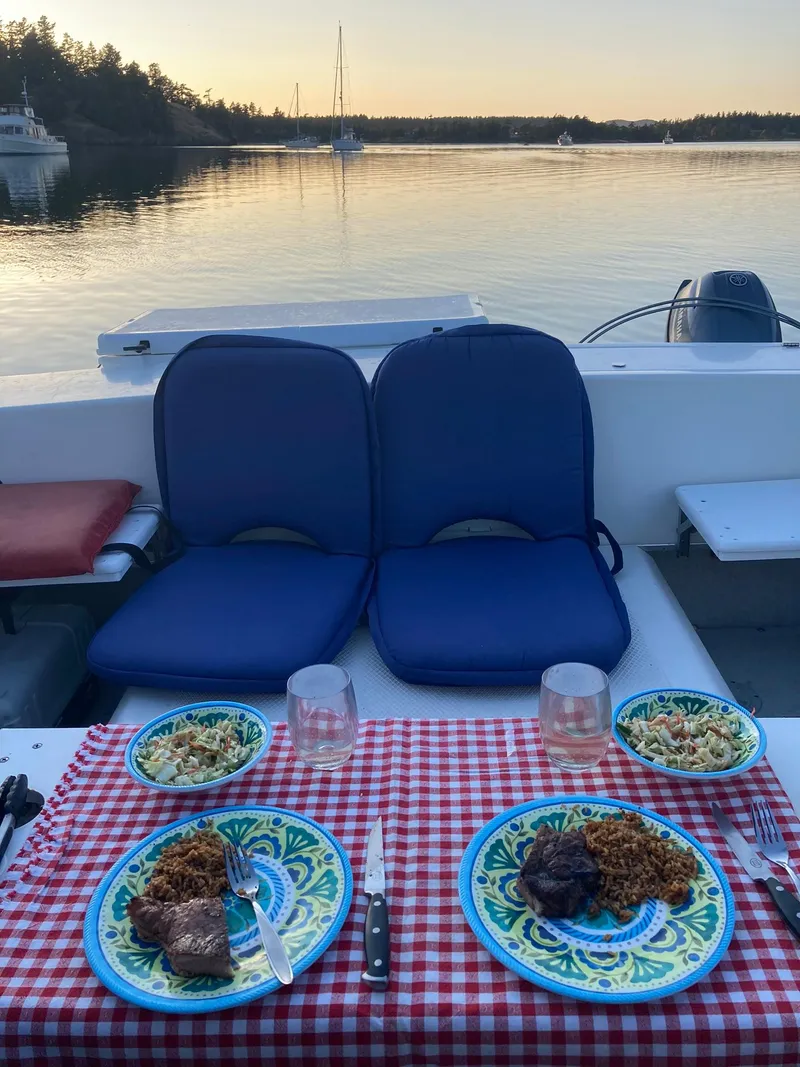 Slide: The Image of Dinner setup on a 2000 SeaSport 2400 XL Limited boat with scenic water view. - 42