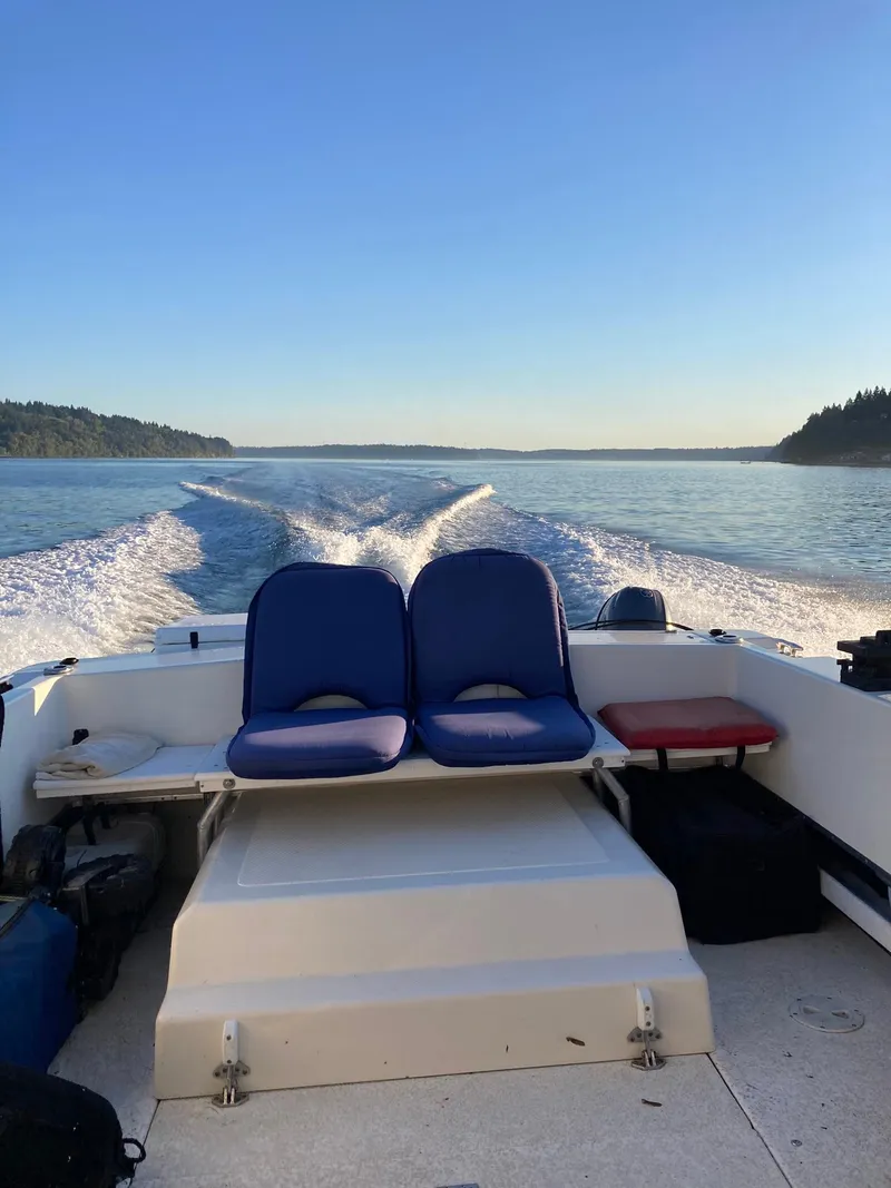 Slide: The Image of SeaSport 2400 XL Limited boat cruising on a serene lake, clear blue sky. - 43