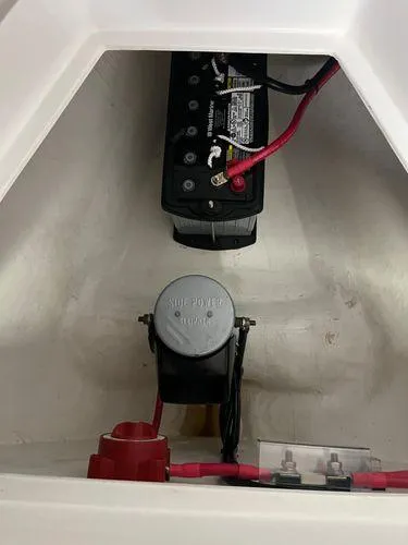 Slide: The Image of Battery compartment of 2018 True North 34OE boat with wiring and connections. - 40