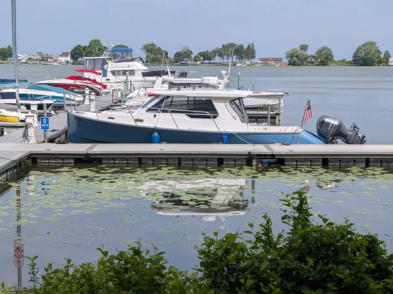 Slide: The Image of 2018 True North 34OE boat docked at marina, surrounded by water lilies and scenic background. - 51