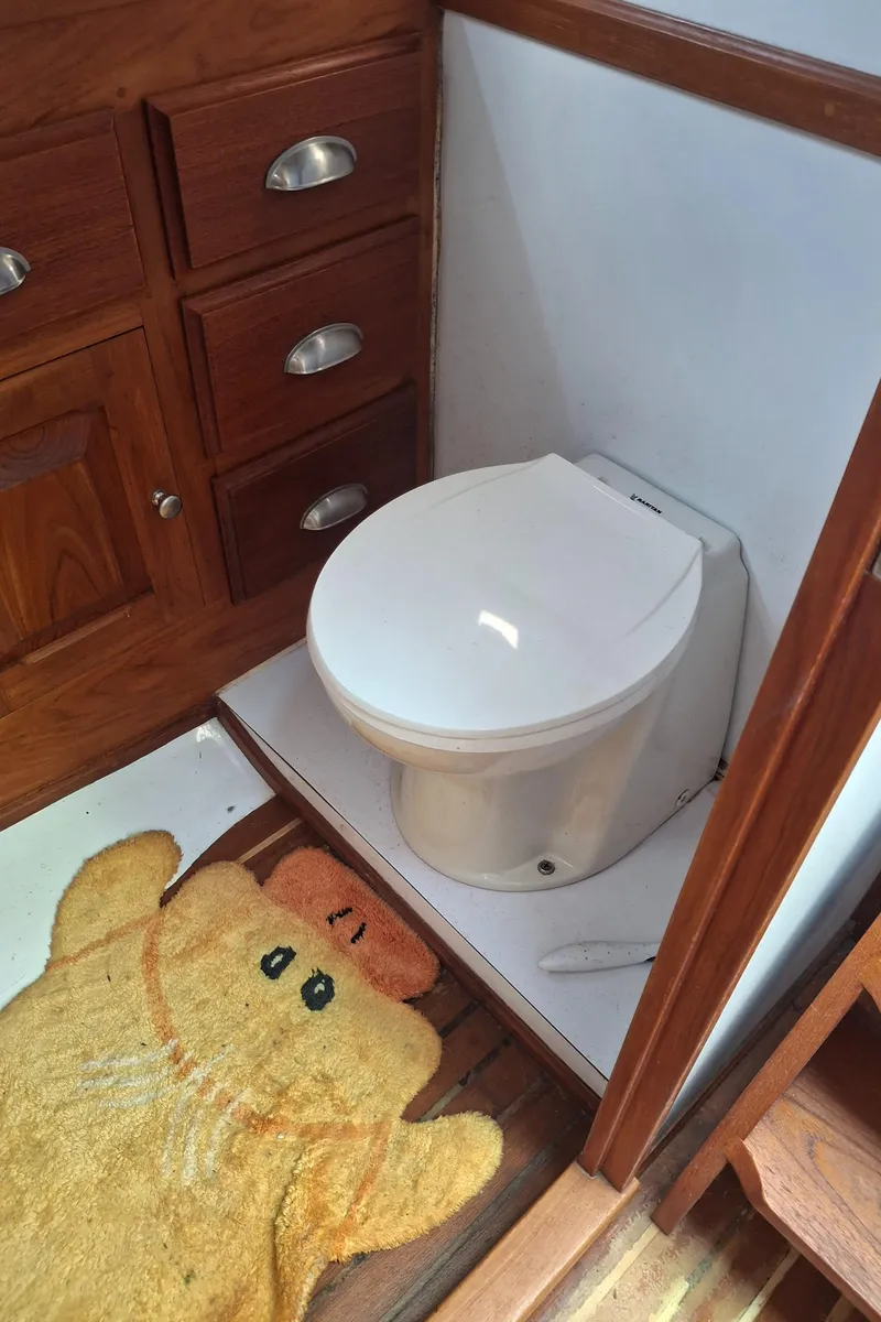 Slide: The Image of 2003 Duffy 35 Downeast Flybridge Cruiser bathroom with toilet, wooden cabinets, and duck-themed rug. - 10