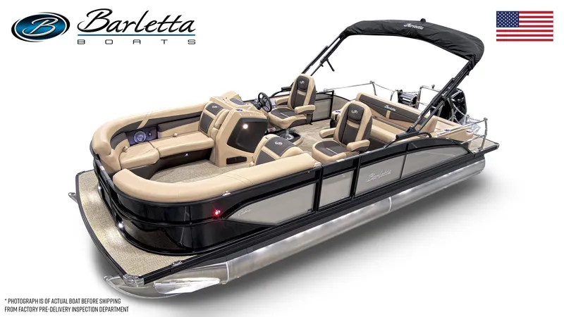 Slide: The Image of 2026 Barletta Cabrio 22QC pontoon boat with luxurious seating and sleek design. - 2
