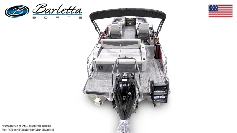 Slide: The Image of 2026 Barletta Cabrio 22UC pontoon boat, rear view, showcasing seating and motor. - 1