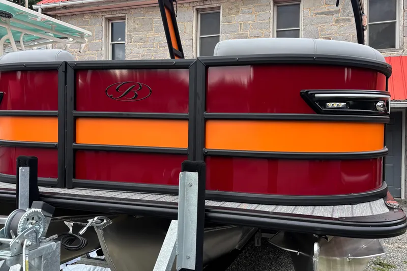 Slide: The Image of 2026 Bentley Pontoons Elite 223 Swingback with Wake Tower, vibrant red and orange design. - 5