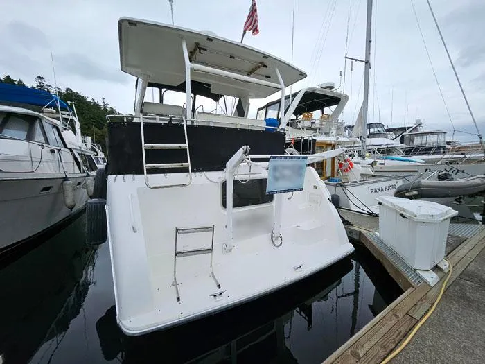 Slide: The Image of 1990 Bayliner 4387 Motoryacht docked at marina, rear view with ladder and canopy. - 3