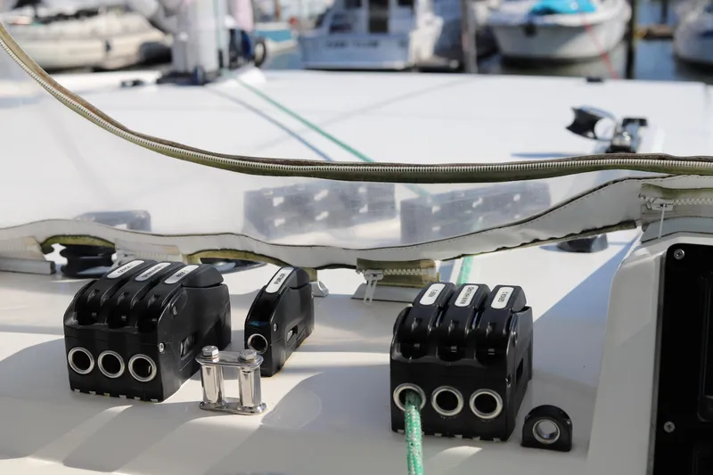 Slide: The Image of Close-up of a 2020 Robertson Leopard yacht's deck equipment and rope system. - 17