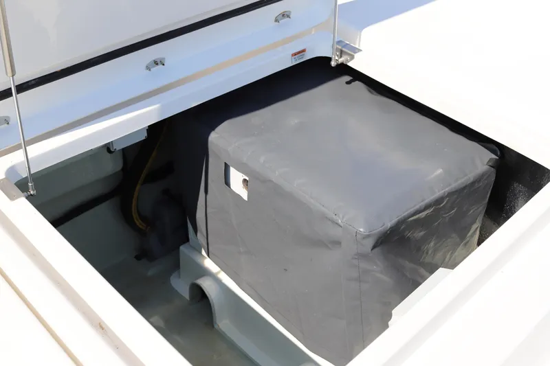 Slide: The Image of Open compartment on 2020 Robertson Leopard boat, showing covered equipment inside. - 31