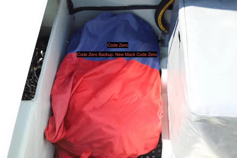 Slide: The Image of Stored sails labeled "Code Zero" on a Robertson Leopard 2020 boat. - 33