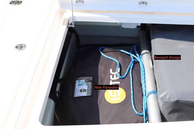 Slide: The Image of Storage compartment on a 2020 Robertson Leopard boat with parasail and bowsprit. - 34