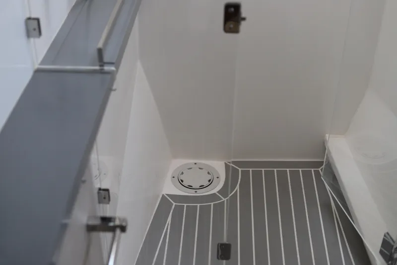 Slide: The Image of 2020 Robertson Leopard yacht interior with sleek, modern design and striped flooring. - 37