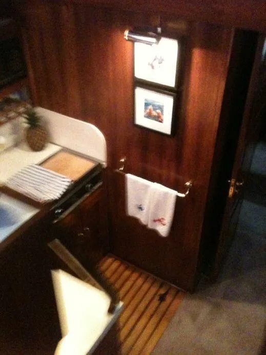 Slide: The Image of Interior of a 1973 Trojan F-32 boat with wood paneling and kitchen area. - 12