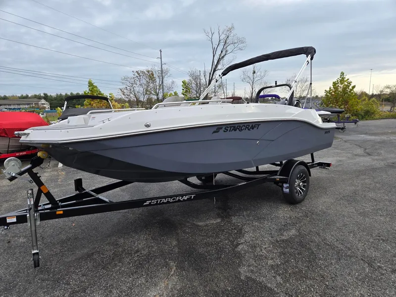 Slide: The Image of 2025 Starcraft SVX191 boat on trailer, parked outdoors, overcast sky. - 4