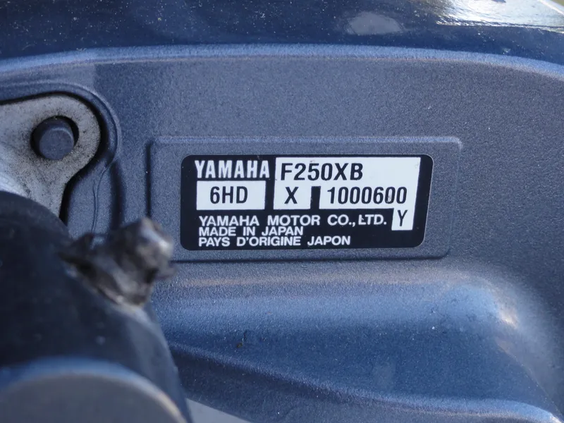 Slide: The Image of Yamaha F250XB engine label on 2017 Sea Fox 249 Avenger boat, made in Japan. - 20
