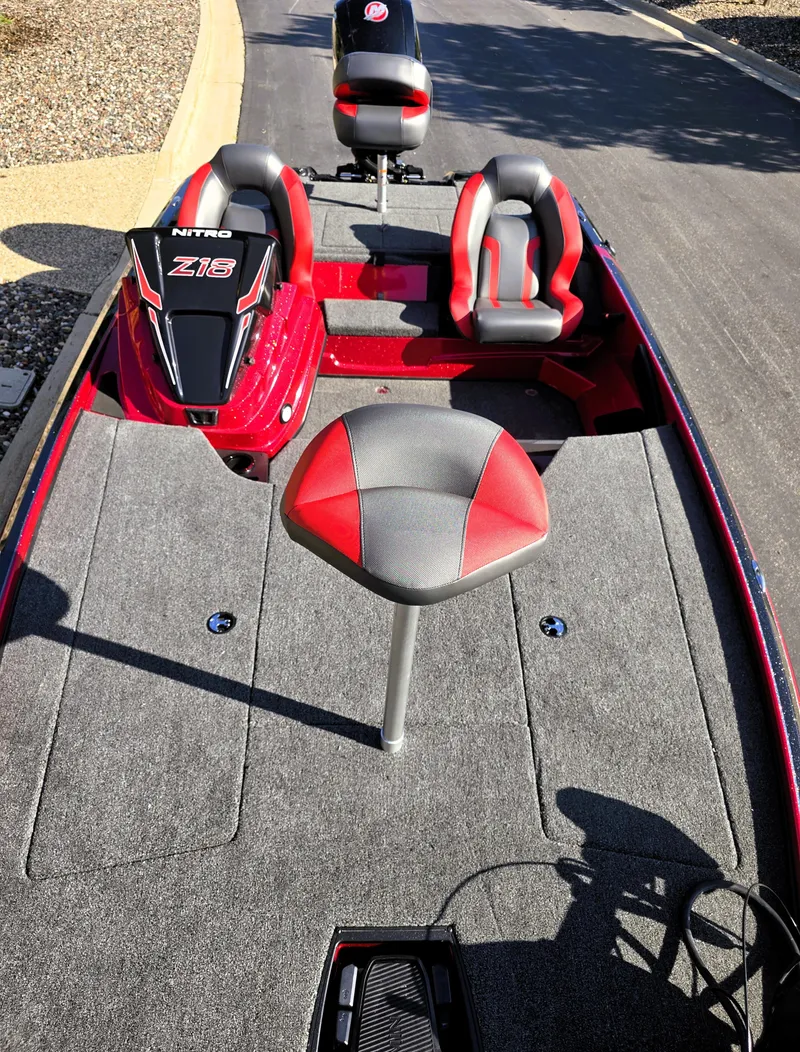 Slide: The Image of 2025 Nitro Z18 Pro boat with red and gray seating, carpeted deck, and sleek design. - 2