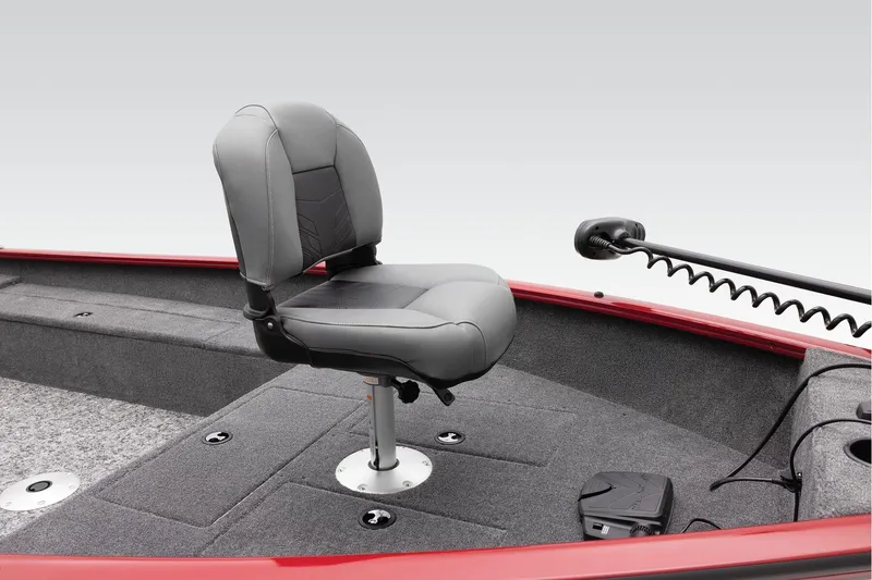 Slide: The Image of 2025 Tracker Super Guide V-16 T fishing boat with seating and control panel in a parking lot. - 8