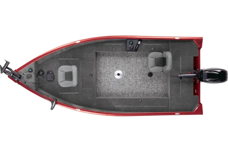 Slide: The Image of 2025 Tracker Super Guide V-16 T boat with outboard motor, parked on a brick driveway. - 8