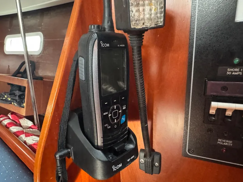 Slide: The Image of VHF radio on 2005 Beneteau Oceanis Clipper 373 yacht, mounted on wooden panel. - 10