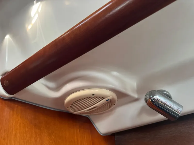 Slide: The Image of Interior detail of a 2005 Beneteau Oceanis Clipper 373 yacht, featuring wood and metal elements. - 15