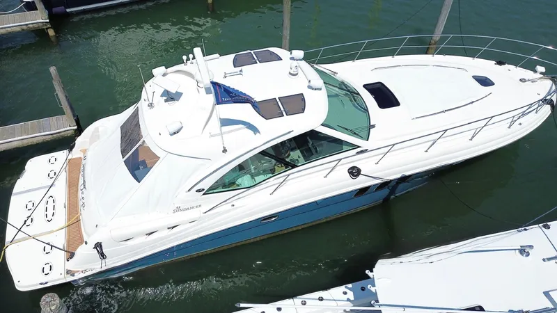 Slide: The Image of 2006 Sea Ray 48 Sundancer yacht docked in marina, aerial view. - 4
