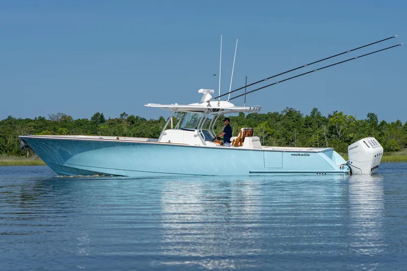 Slide: The Image of 2025 Valhalla Boatworks V-41 in calm waters, side view with fishing rods. - 15