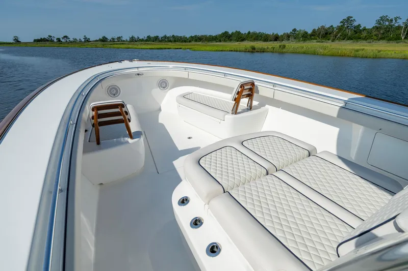 Slide: The Image of 2025 Valhalla Boatworks V-41 with luxurious seating on a serene waterway. - 22