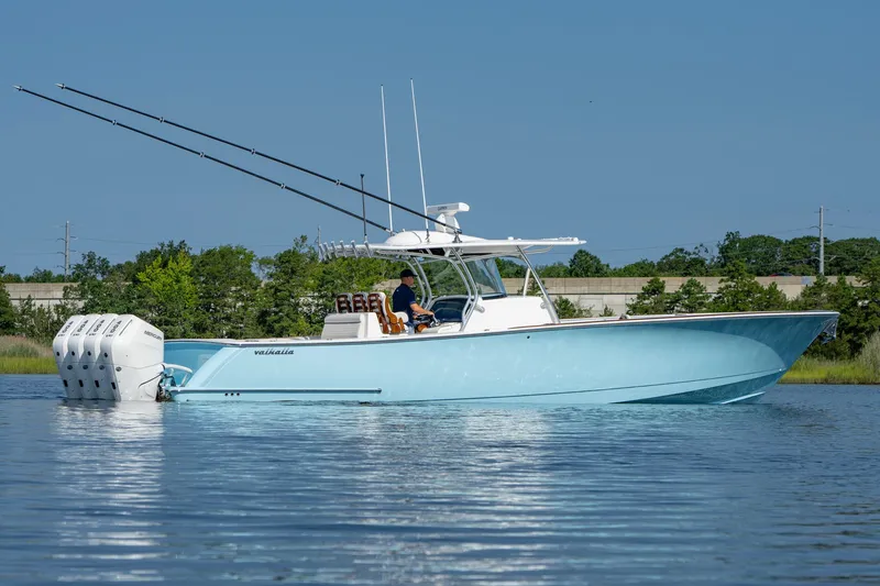 Slide: The Image of 2025 Valhalla Boatworks V-41 in water, featuring sleek design and powerful engines. - 4