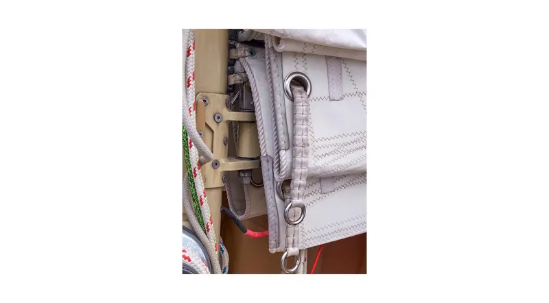 Slide: The Image of Close-up of a 1992 Wauquiez Centurion 45 sailboat mast detail with rigging. - 20