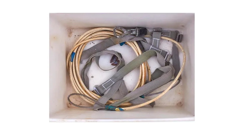 Slide: The Image of Deck of 1992 Wauquiez Centurion 45 sailboat with equipment and wooden flooring. - 29