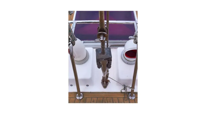 Slide: The Image of Deck view of 1992 Wauquiez Centurion 45 sailboat with wooden finish and rigging. - 31