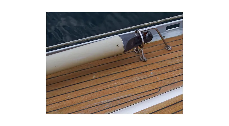 Slide: The Image of Deck view of 1992 Wauquiez Centurion 45 sailboat, featuring rigging and deck fittings. - 32