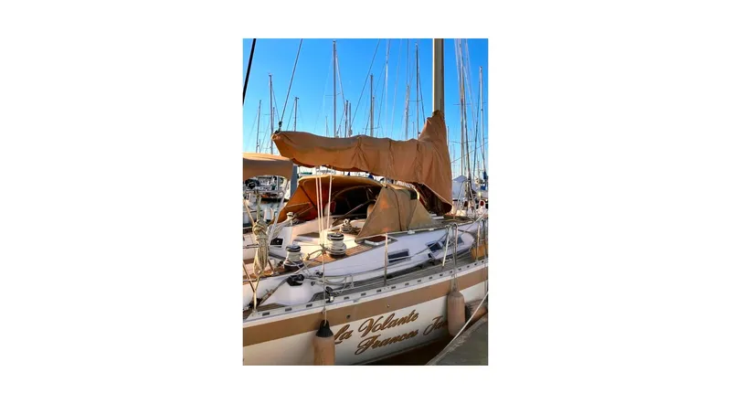 Slide: The Image of Stern view of 1992 Wauquiez Centurion 45 sailboat with wooden ladder, Seattle, WA. - 35