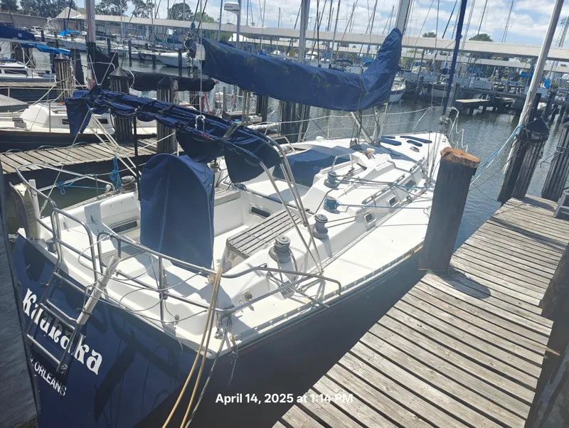 Slide: The Image of Sailboat docked at marina, Hunter 40 model, 1984, sunny day. - 3