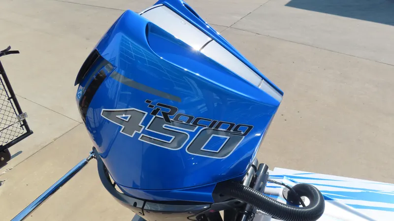 Slide: The Image of Blue MTI 390X 2023 outboard motor with Racing 450 decal. - 15