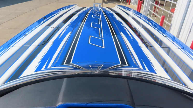 Slide: The Image of Blue and white MTI 390X boat deck with sleek design, 2023 model. - 17
