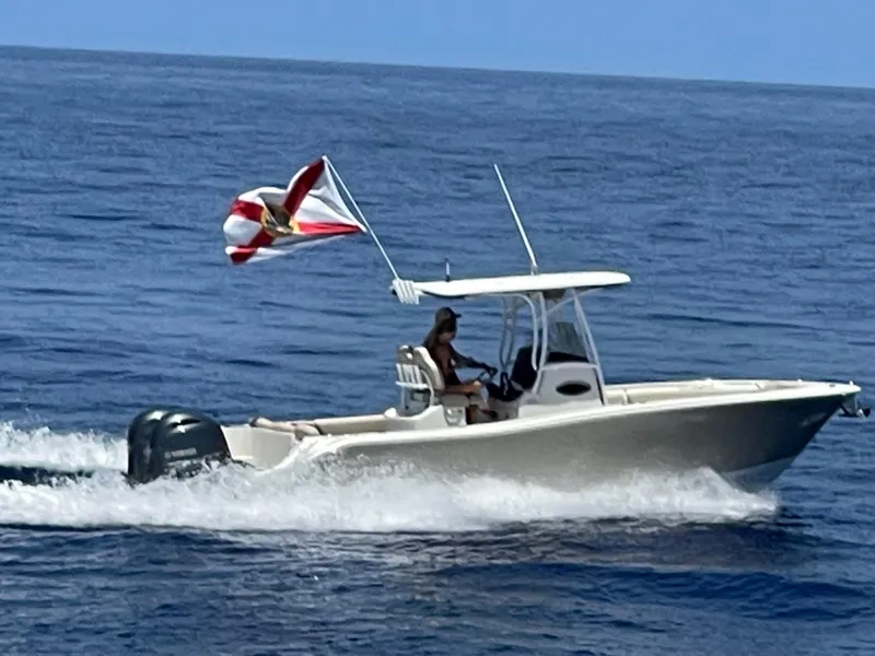 Slide: The Image of 2017 NauticStar 2602 Legacy boat cruising on open water with a flag waving. - 3