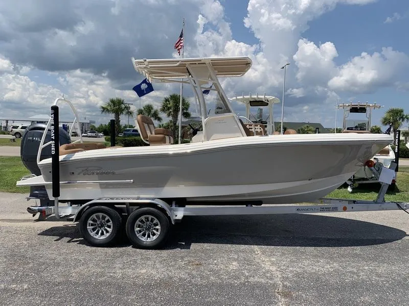 Slide: The Image of 2026 Pioneer ISLANDER 202 boat on trailer, parked outdoors under cloudy sky. - 5