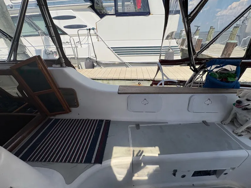 Slide: The Image of 1984 Freedom 39 Pilothouse interior with seating, striped rug, and a small dog. - 32