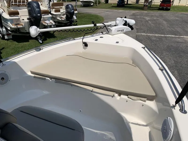 Slide: The Image of 2021 Key West 176cc boat interior with seating and trolling motor. - 23