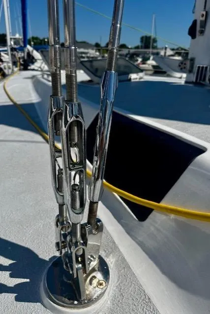 Slide: The Image of Close-up of rigging on a 1986 Hunter Legend 45 sailboat deck. - 25