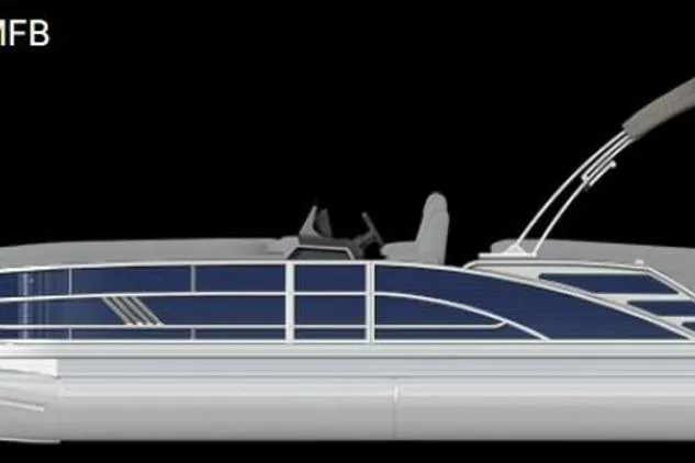 Slide: The Image of 2026 Bennington M Quad Bench 24 MFB pontoon boat, side view, sleek design, blue accents. - 19