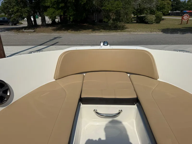 Slide: The Image of 2019 Sea Ray 21SPX boat interior with tan seating and stainless steel handle. - 10