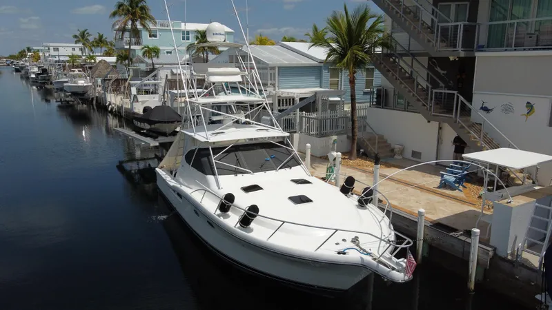 Slide: The Image of 2006 Tiara Yachts 4200 Open docked in a sunny marina setting. - 6