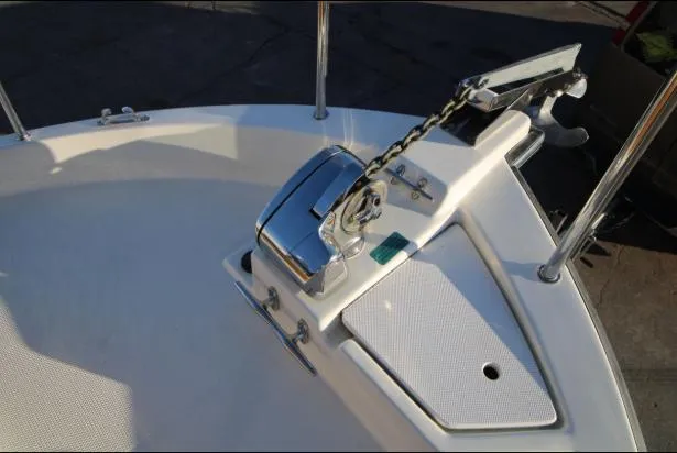 Slide: The Image of 2017 Ranger Tugs R-27 boat anchor system with chain and deck details. - 47
